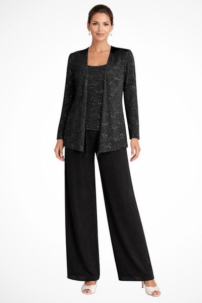 Women's Three Piece Suit Sequin Lace Jacket Wide Leg Trousers Elegant Formal Outfit 4