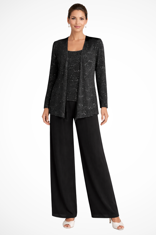 Women's Three Piece Suit Sequin Lace Jacket Wide Leg Trousers Elegant Formal Outfit 4