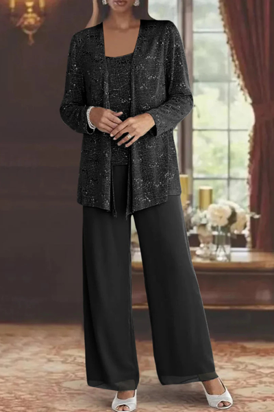 Women's Three Piece Suit Sequin Lace Jacket Wide Leg Trousers Elegant Formal Outfit 5