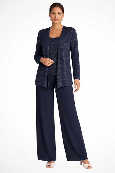 Women's Three Piece Suit Sequin Lace Jacket Wide Leg Trousers Elegant Formal Outfit 6