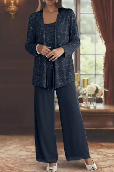 Women's Three Piece Suit Sequin Lace Jacket Wide Leg Trousers Elegant Formal Outfit 7
