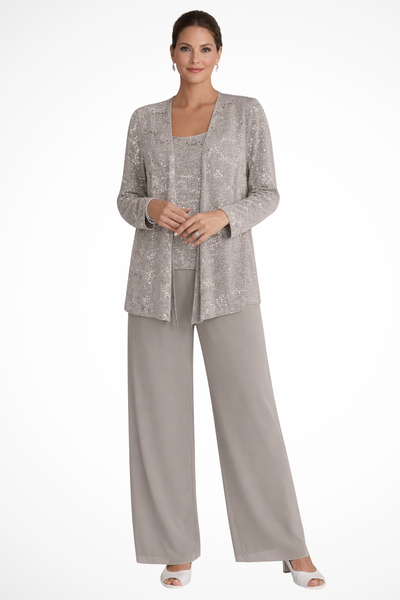 Women's Three Piece Suit Sequin Lace Jacket Wide Leg Trousers Elegant Formal Outfit 8