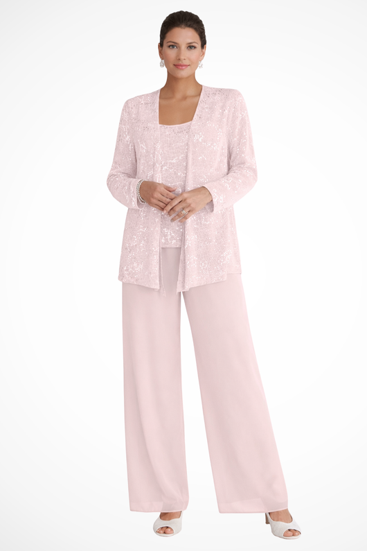 Women's Three Piece Suit Sequin Lace Jacket Wide Leg Trousers Elegant Formal Outfit 9