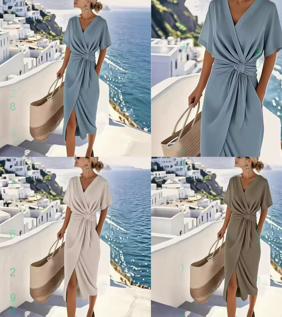 Women's Twist Front Midi Dress V Neck Short Sleeve Soft Fabric Elegant Summer 2