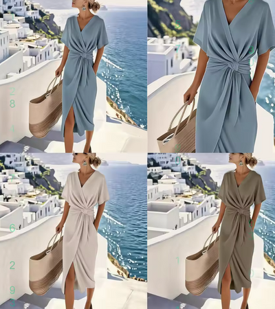 Women's Twist Front Midi Dress V Neck Short Sleeve Soft Fabric Elegant Summer 2