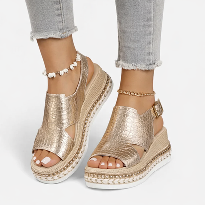 Women's Wedge Sandals Comfortable Cushioned Metallic Croc Open Toe Summer 1