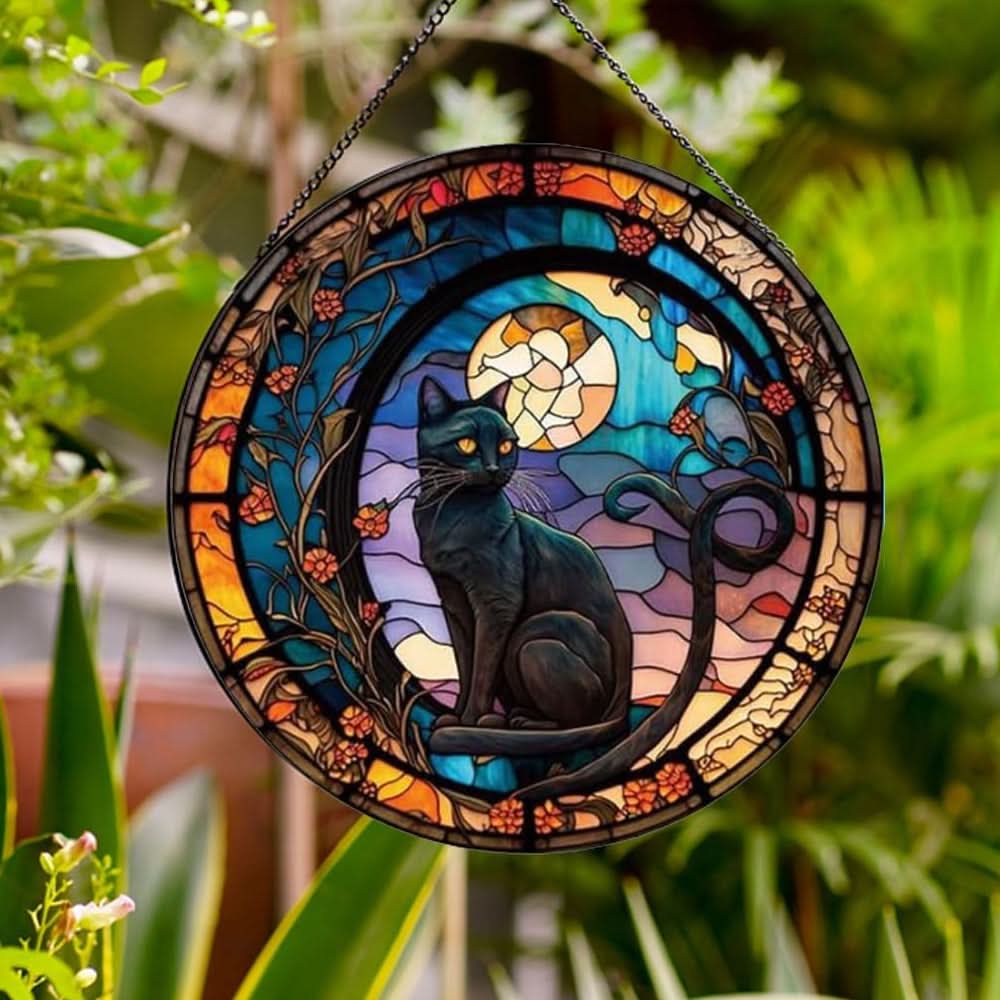 Black Cat Sun Catcher Decoration Stained Glass Window Hanging