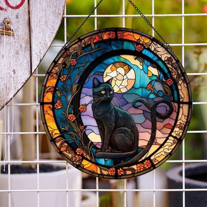 Black Cat Sun Catcher Decoration Stained Glass Window Hanging