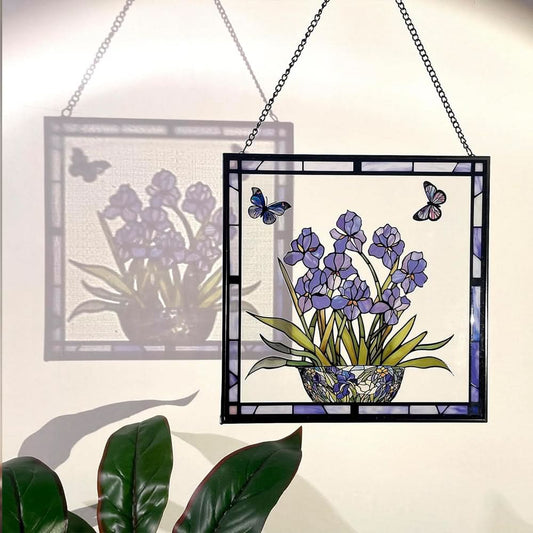 Blue Iris and Butterfly Sun Catcher Decoration Stained Glass Window Hanging