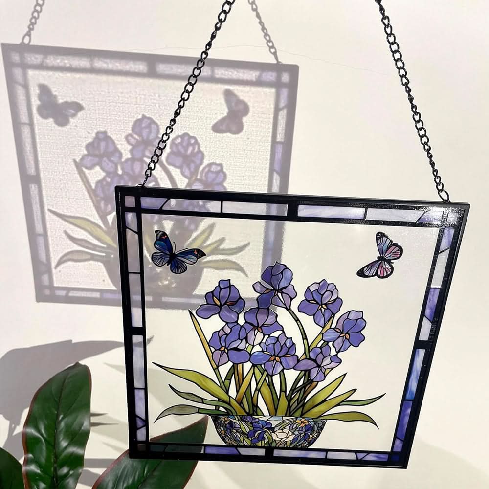 Blue Iris and Butterfly Sun Catcher Decoration Stained Glass Window Hanging