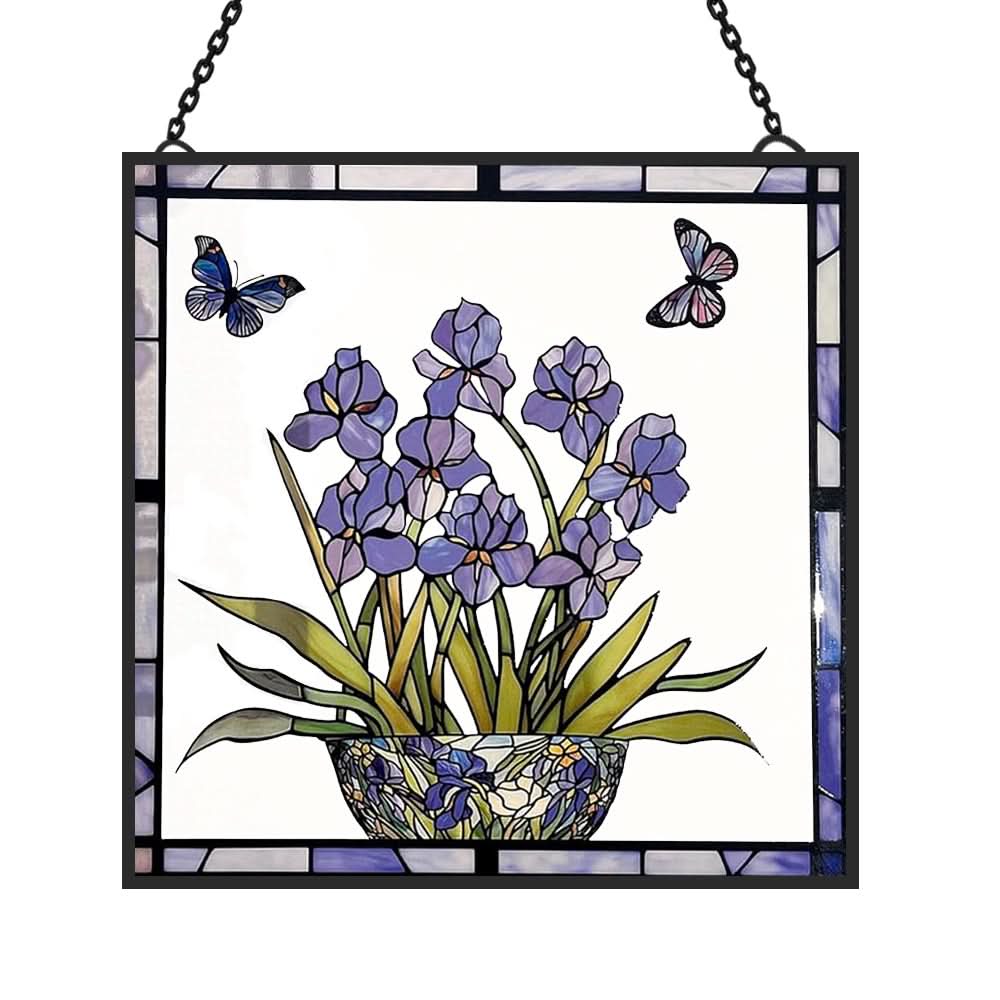 Blue Iris and Butterfly Sun Catcher Decoration Stained Glass Window Hanging