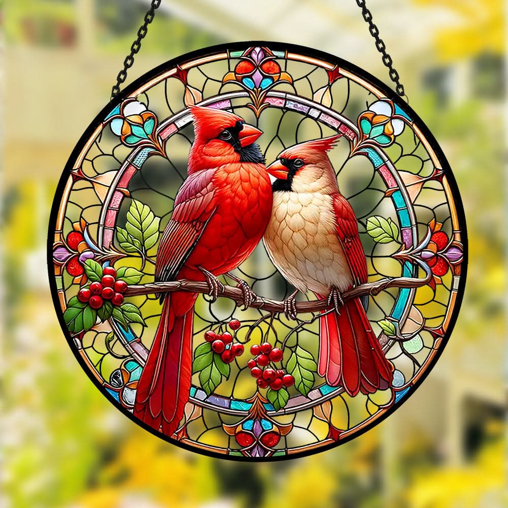 Cardinal Birds Sun Catcher Decoration Stained Glass Window Hanging