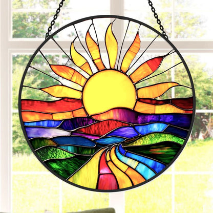 Colorful Sun Landscape Sun Catcher Decoration Stained Glass Window Hanging