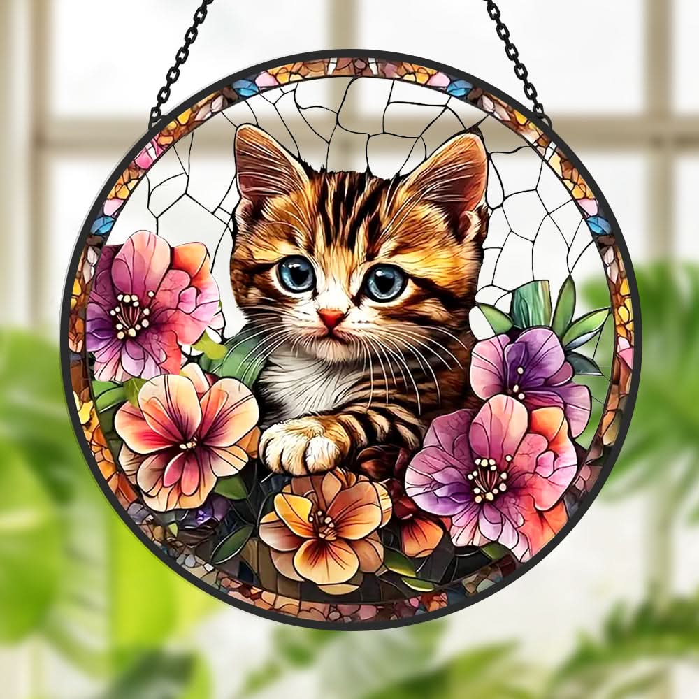 Cute Cat and Flowers Sun Catcher Decoration Stained Glass Window Hanging