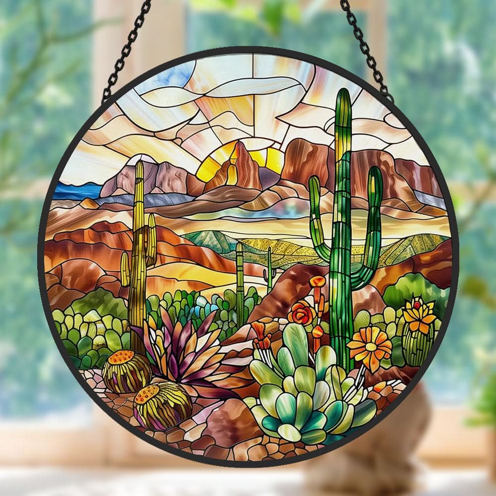 Desert and Cactus Sun Catcher Decoration Stained Glass Window Hanging