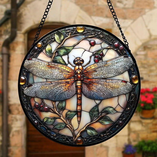 Dragonfly Plant Sun Catcher Decoration Stained Glass Window Hanging