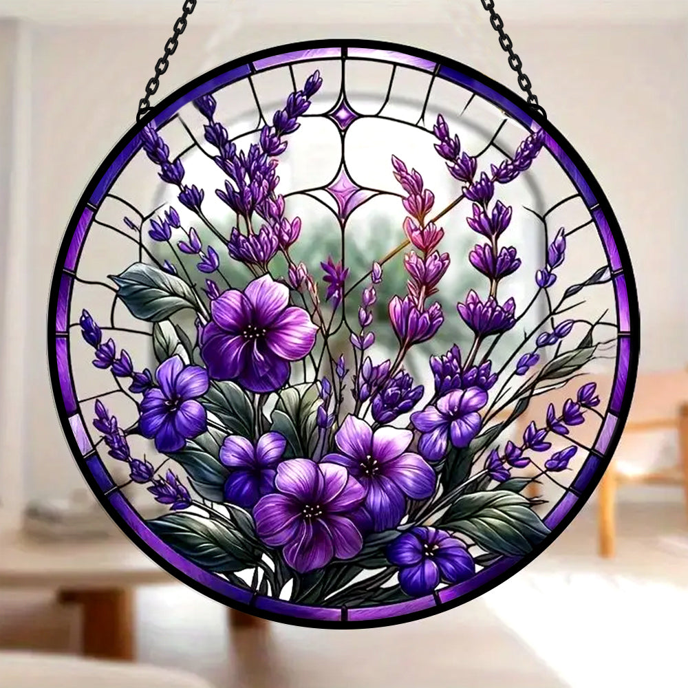 Elegant Bauhinia and Violets Sun Catcher Decoration Stained Glass Window Hanging