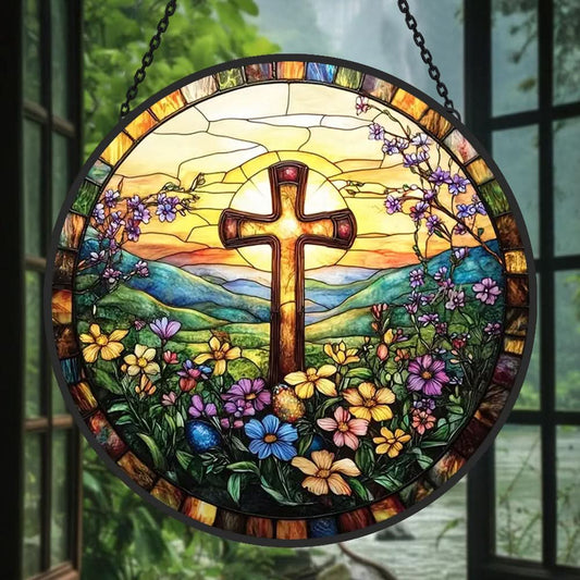 Flowers Cross Sun Catcher Decoration Stained Glass Window Hanging