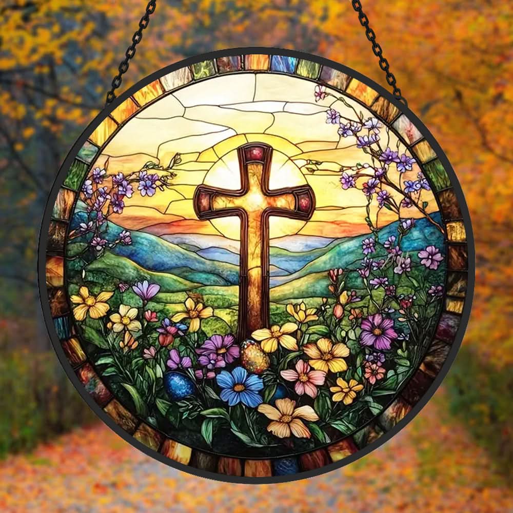 Flowers Cross Sun Catcher Decoration Stained Glass Window Hanging