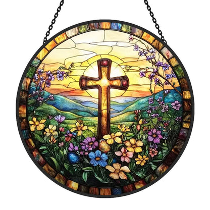 Flowers Cross Sun Catcher Decoration Stained Glass Window Hanging