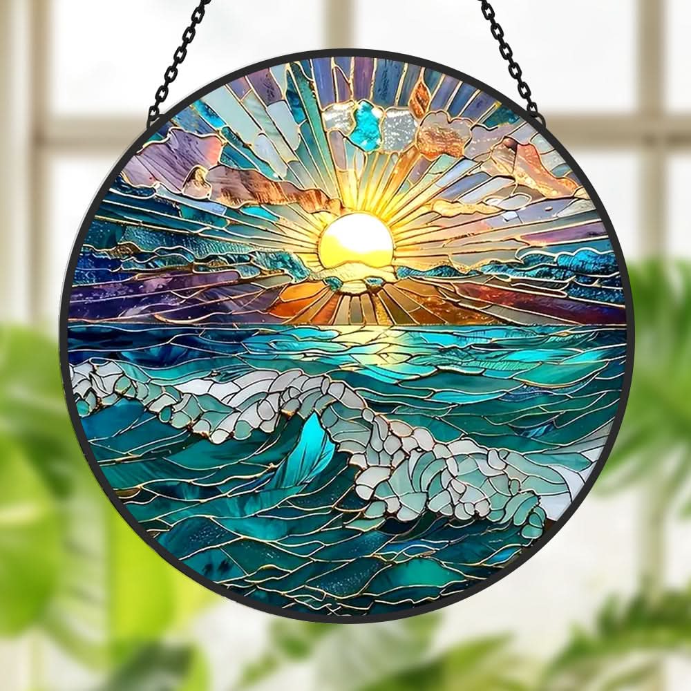 Gorgeous Ocean Sunset Sun Catcher Decoration Stained Glass Window Hanging
