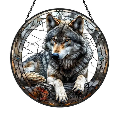 Gray Wolf Sun Catcher Decoration Stained Glass Window Hanging