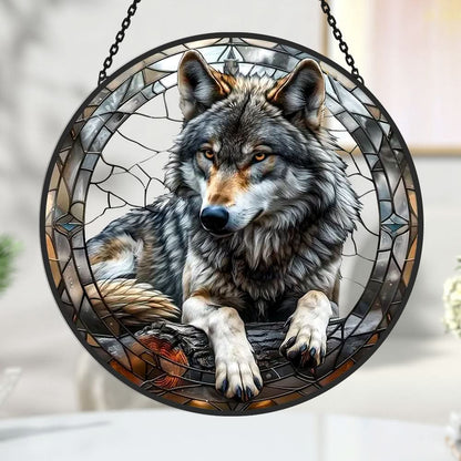 Gray Wolf Sun Catcher Decoration Stained Glass Window Hanging