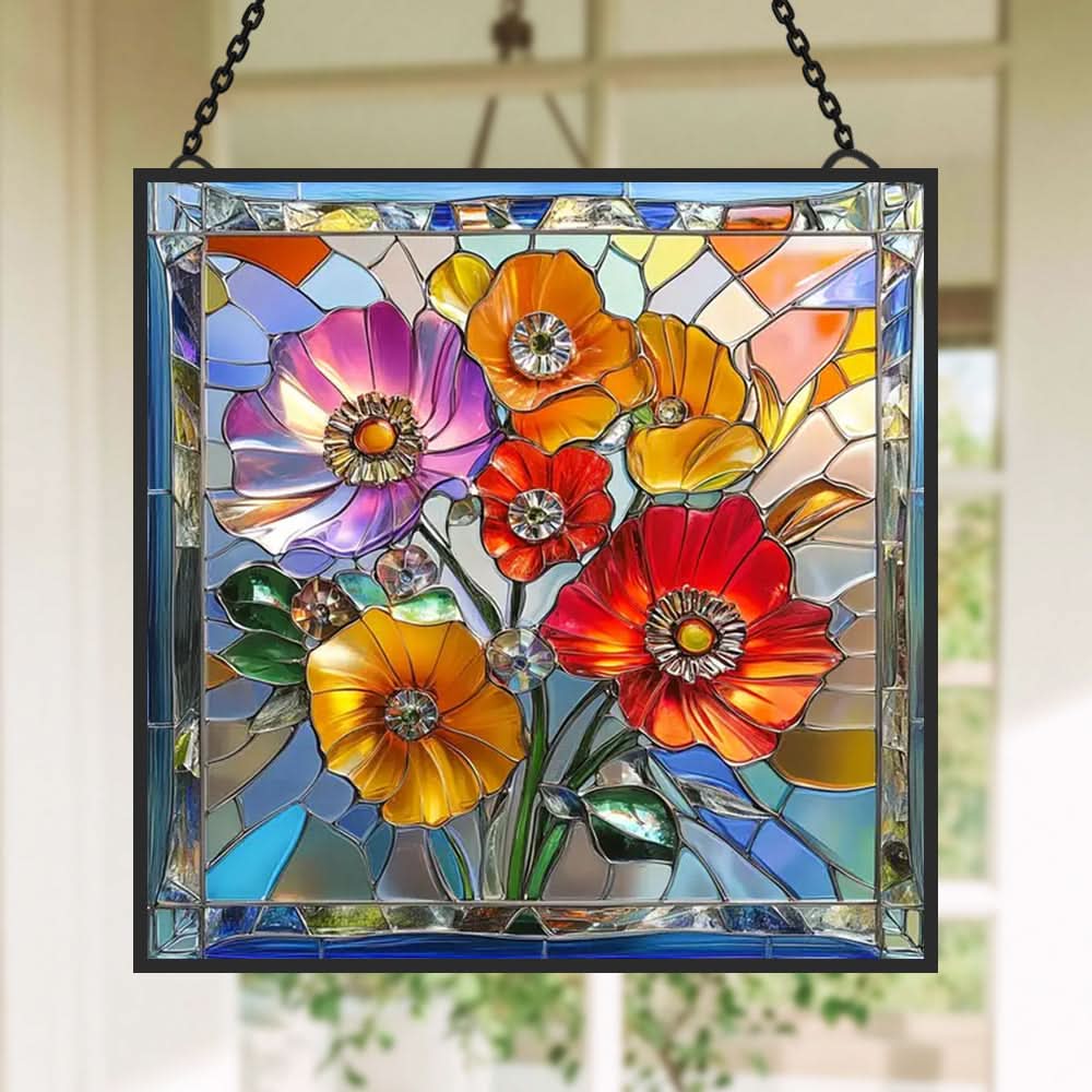 Poppy Bouquet Sun Catcher Decoration Stained Glass Window Hanging