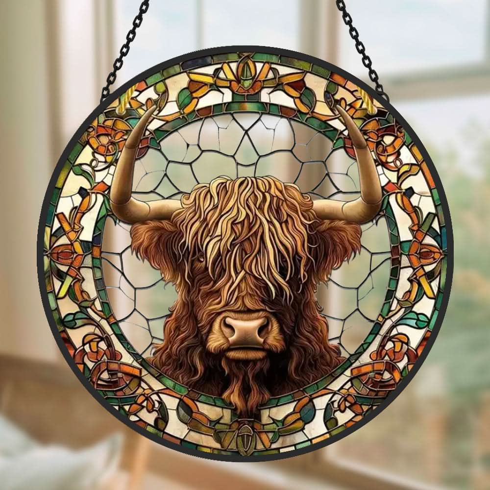 Scottish Highland Cow Sun Catcher Decoration Stained Glass Window Hanging