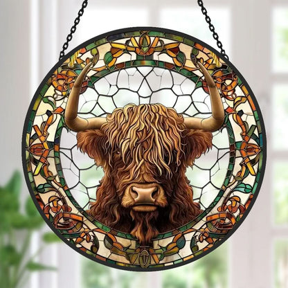 Scottish Highland Cow Sun Catcher Decoration Stained Glass Window Hanging