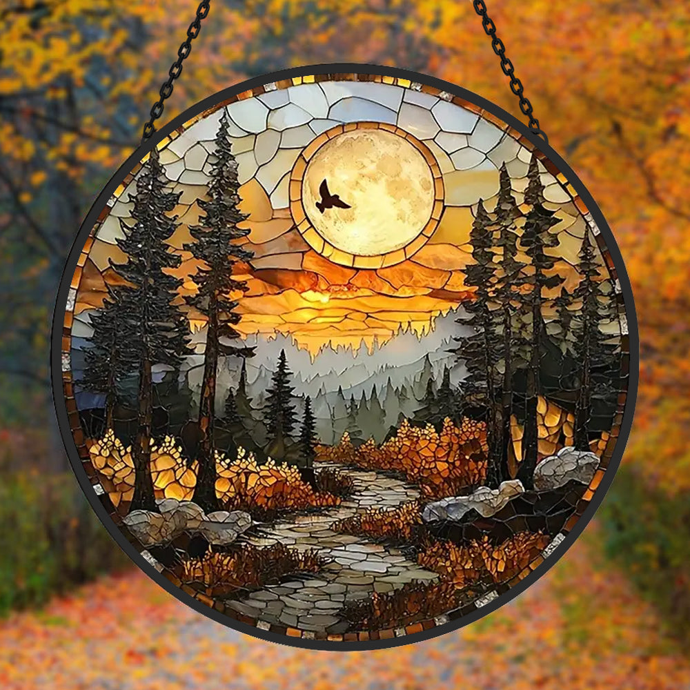Sunset Mountain View Sun Catcher Decoration Stained Glass Window Hanging