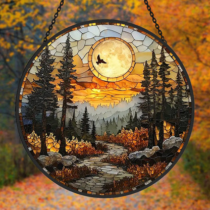 Sunset Mountain View Sun Catcher Decoration Stained Glass Window Hanging
