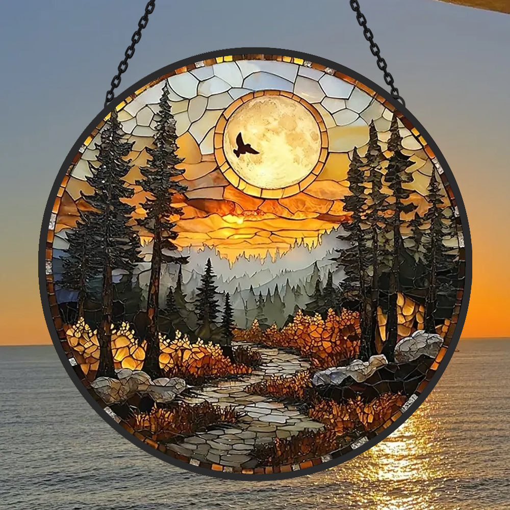 Sunset Mountain View Sun Catcher Decoration Stained Glass Window Hanging