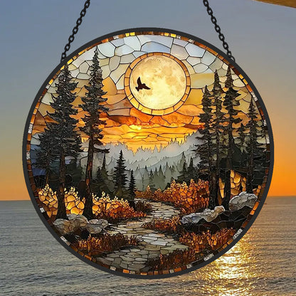 Sunset Mountain View Sun Catcher Decoration Stained Glass Window Hanging