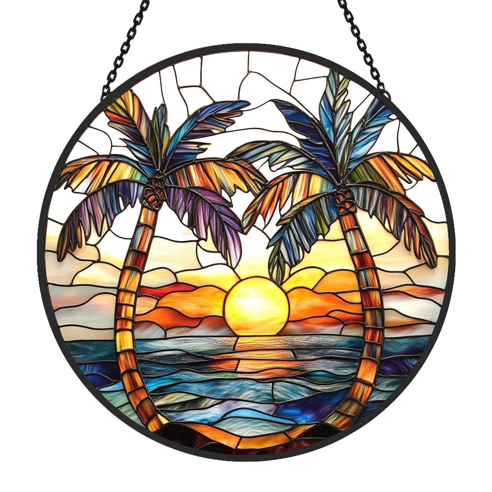 Tropical Sunset Palm Tree Sun Catcher Decoration Stained Glass Window Hanging