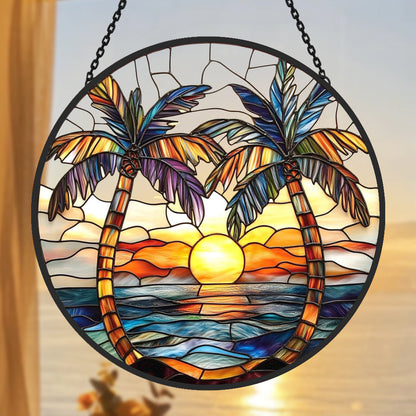 Tropical Sunset Palm Tree Sun Catcher Decoration Stained Glass Window Hanging