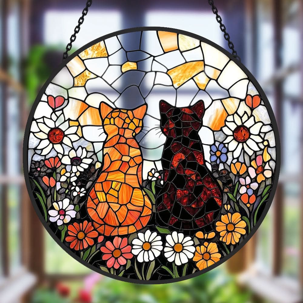 Two Cute Cats Sun Catcher Decoration Stained Glass Window Hanging