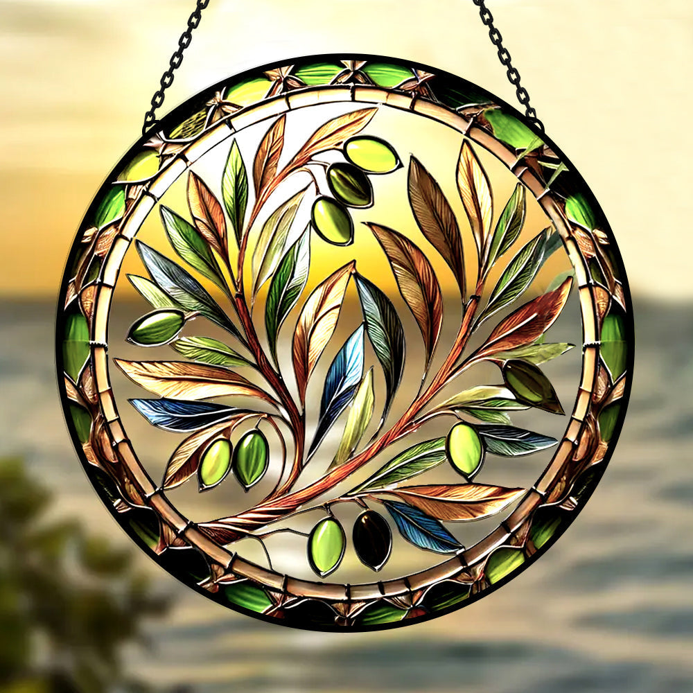 Vibrant Olive Tree Sun Catcher Decoration Stained Glass Window Hanging