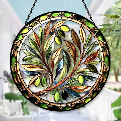 Vibrant Olive Tree Sun Catcher Decoration Stained Glass Window Hanging