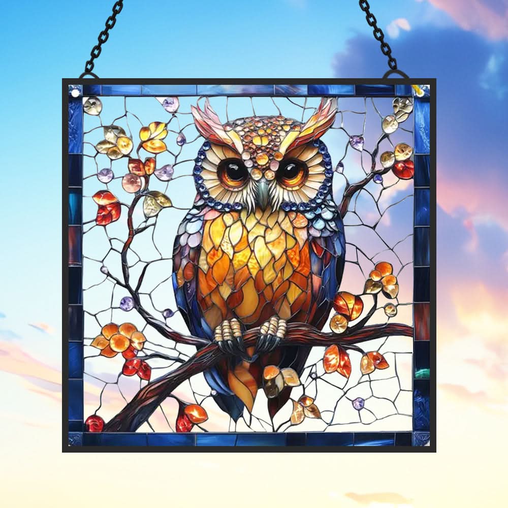Vibrant Owl Sun Catcher Decoration Stained Glass Window Hanging