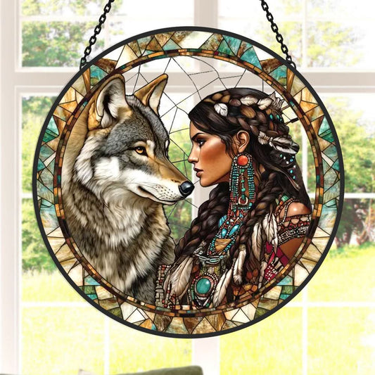 Wolf and Woman Sun Catcher Decoration Stained Glass Window Hanging